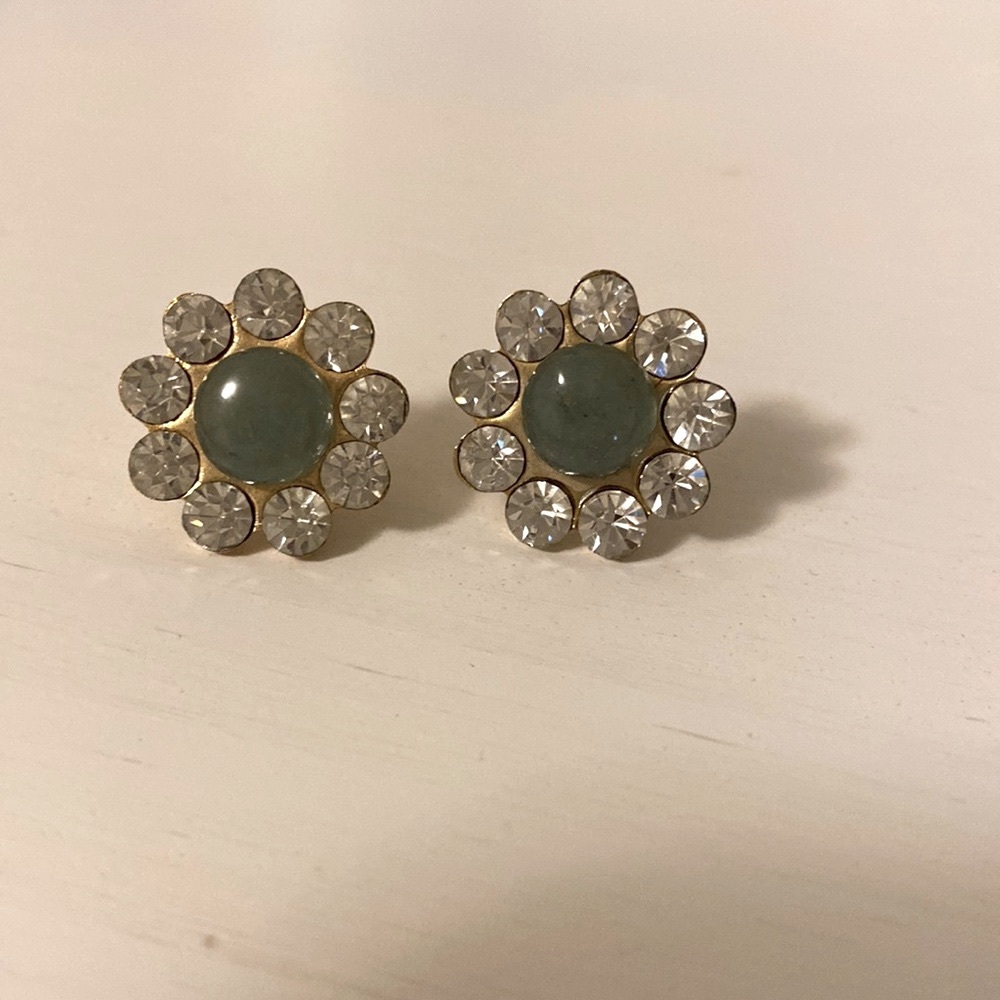Vintage earrings ,green agate with white zircon